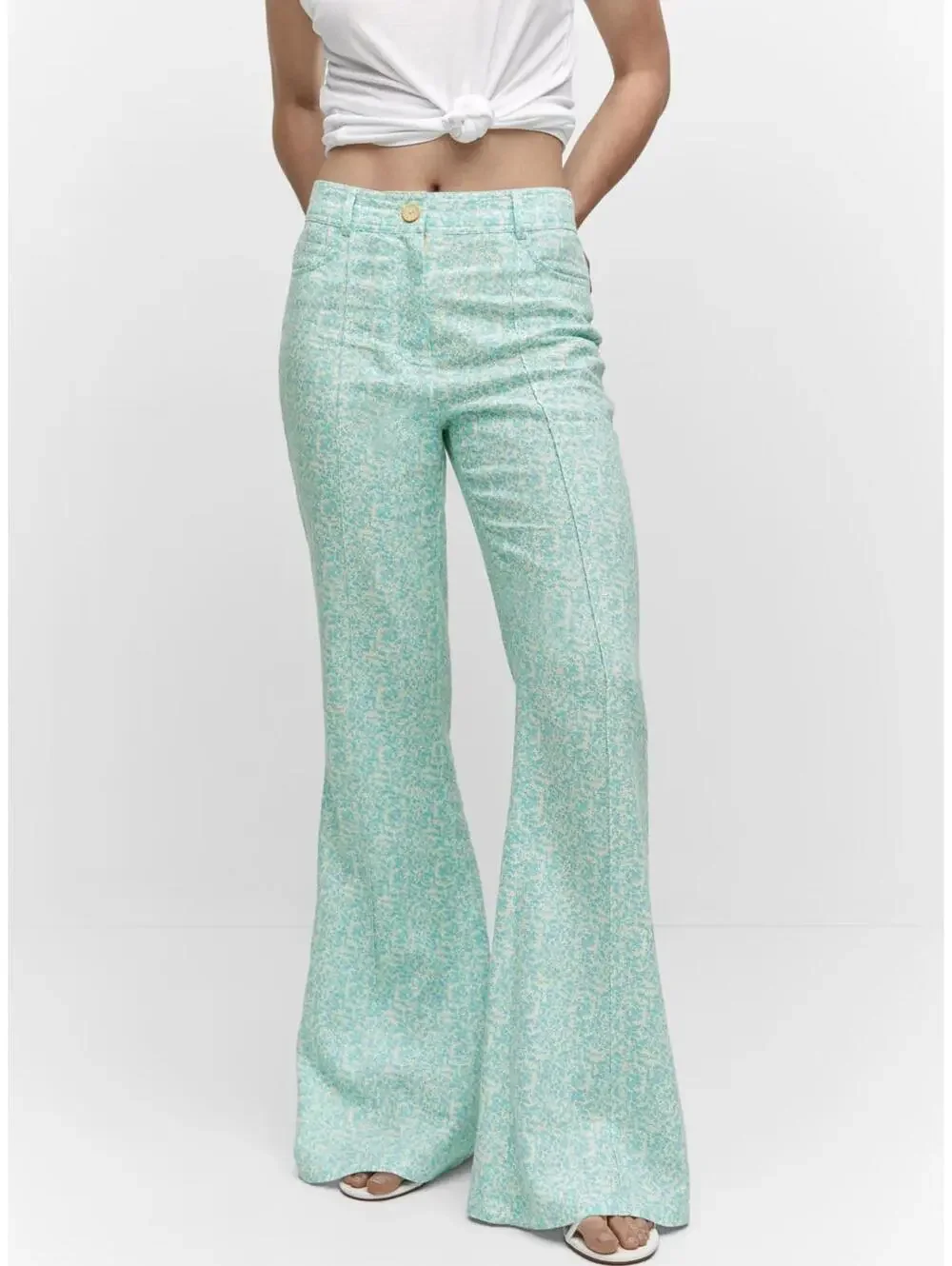 Mango Floral Linen-Blend Flare Pants Turquoise NWT Size 2/XS